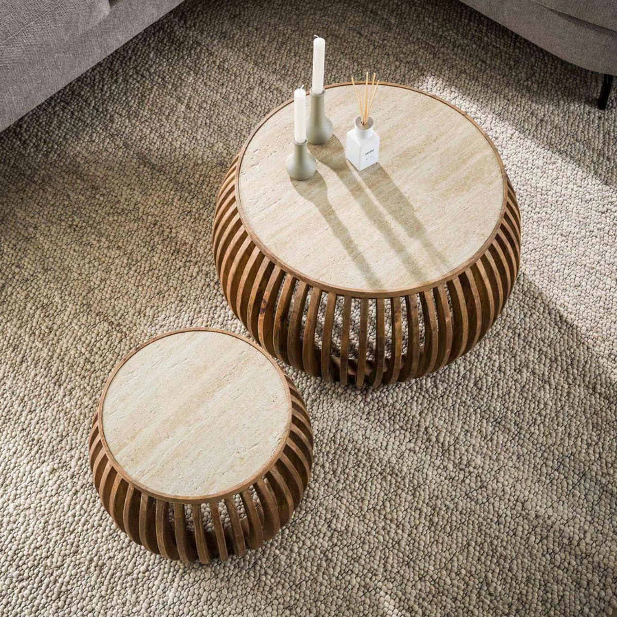 COUCHTISCH-SET ALBA FERA Bauchige Design-Satztische mit Travertin-Keramik - Beige/Braun, Holz/Keramik (75/75/40cm) - alesvelt