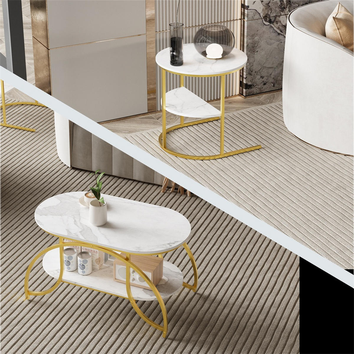 COUCHTISCH 2er-Set - Ovaler und Runder Beistelltisch mit Ablage in Marmoroptik - Weiß und Gold - Goldfarben, Holzwerkstoff (46/80/45cm) - DELFA
