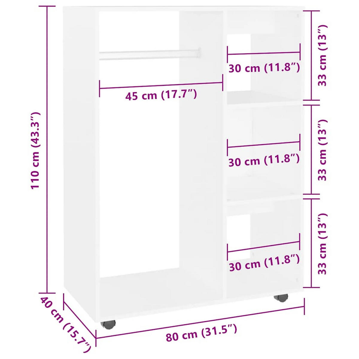 KLEIDERSCHRANK mit 4 Rollen, 3 Fächern 80/40/110 cm aus Holzwerkstoff Weiß - Weiß, Holz (80/110/40cm) - vidaXL