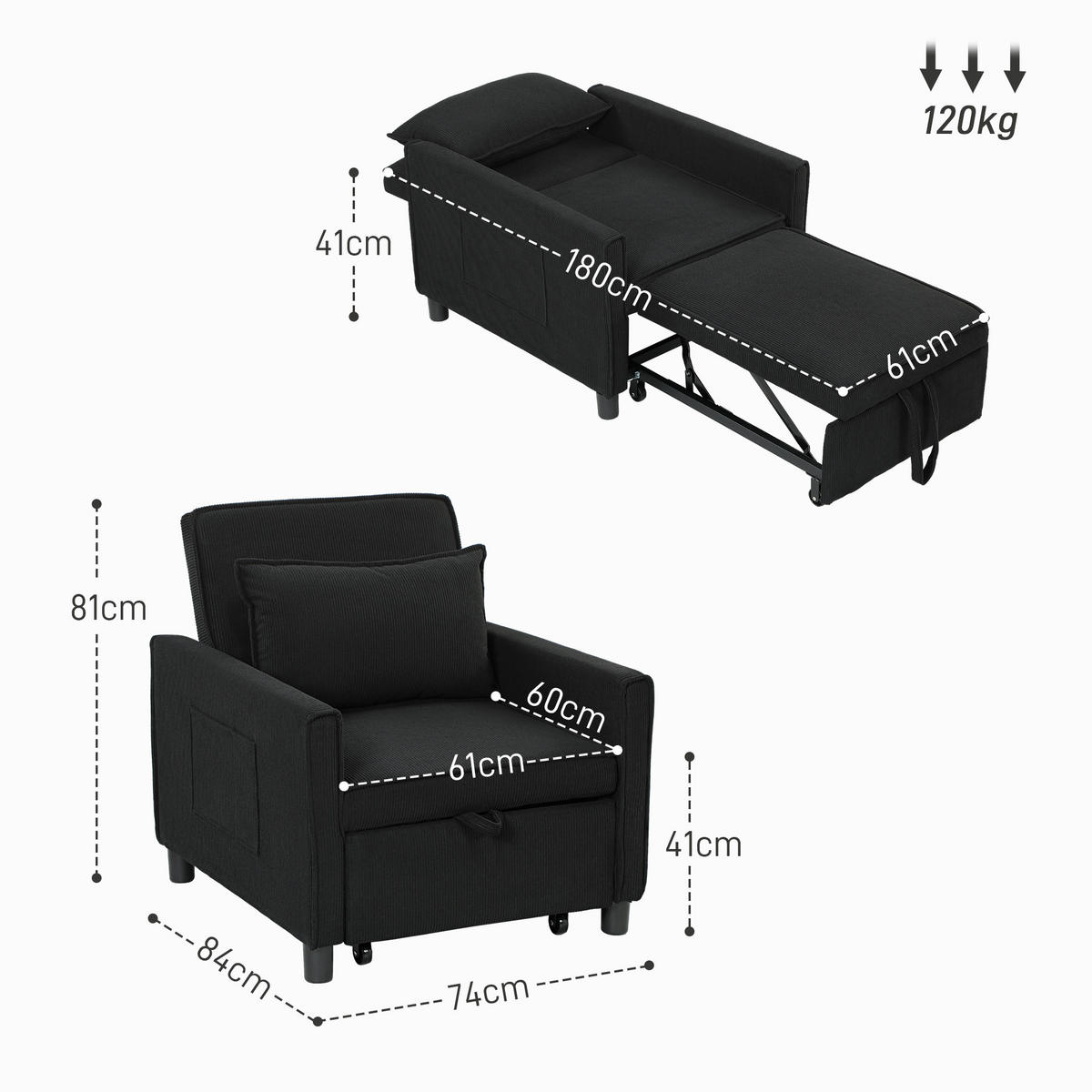 SCHLAFSESSEL, 3-in-1 , Schwarz - Schwarz, Kunststoff (84/81/74cm) - HOMCOM