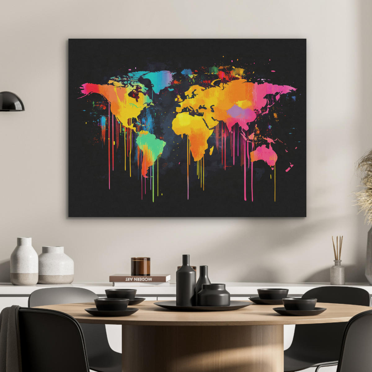 AKUSTIKBILD Weltkarte - Farbe - Bunt - Graffiti - Welt Gemälde 80x60 cm - Multicolor, Textil (80/60/0.9cm) - MuchoWow