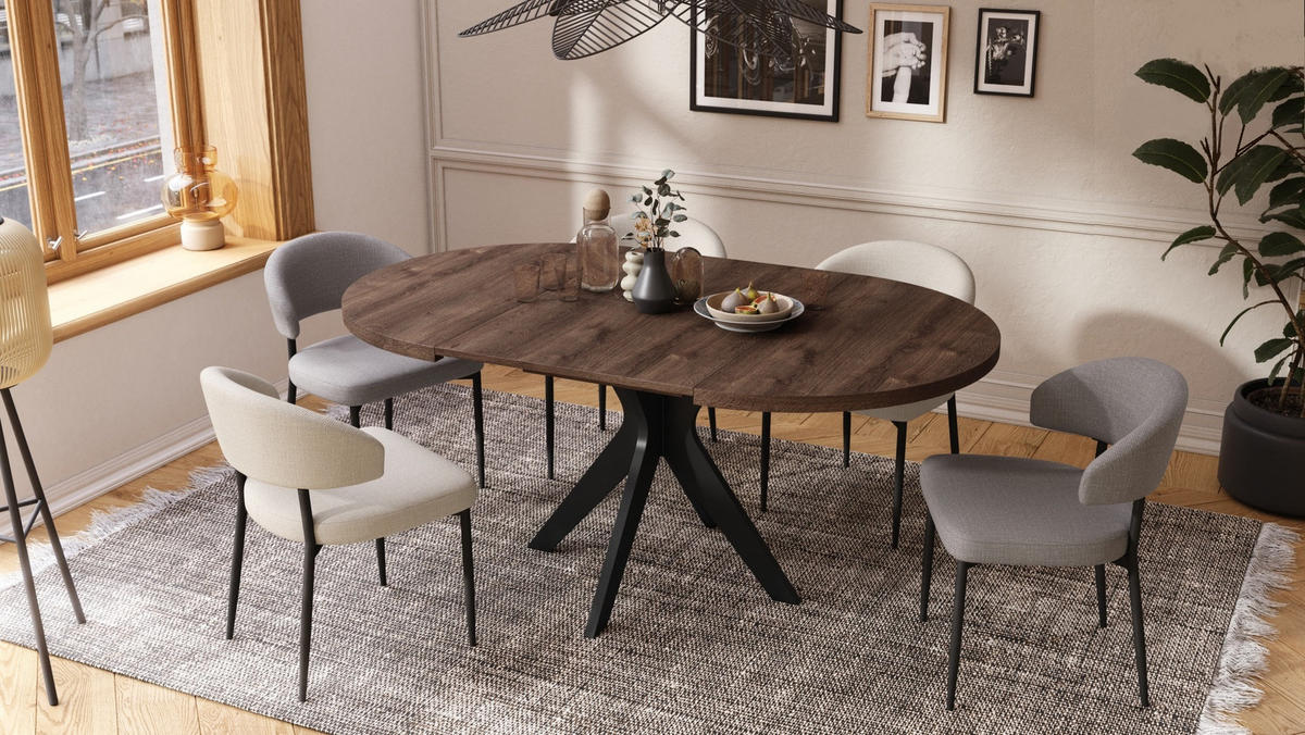 ESSTISCH rund Eiche dunkel - Schwarz matt ausziehbar - Schwarz/Braun, Holzwerkstoff (110/110/77cm) - designimpex