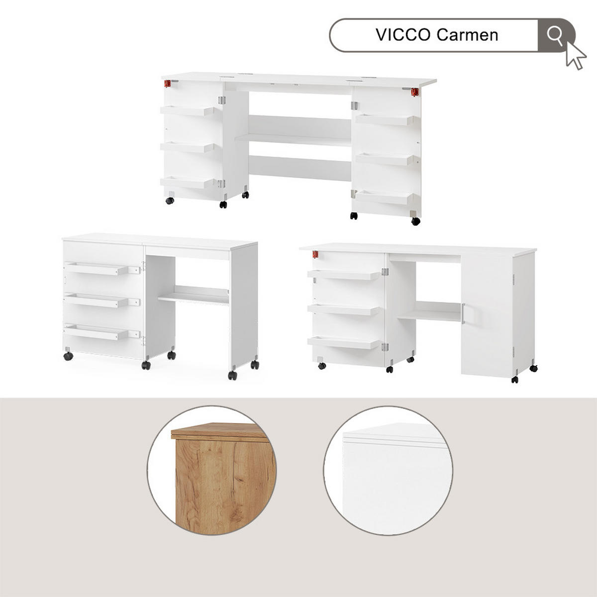NÄHTISCH Carmen Weiß 160 x 80.2 cm mit 6 Regalfächer - Weiß, Holzwerkstoff (40/160/80.2cm) - Vicco