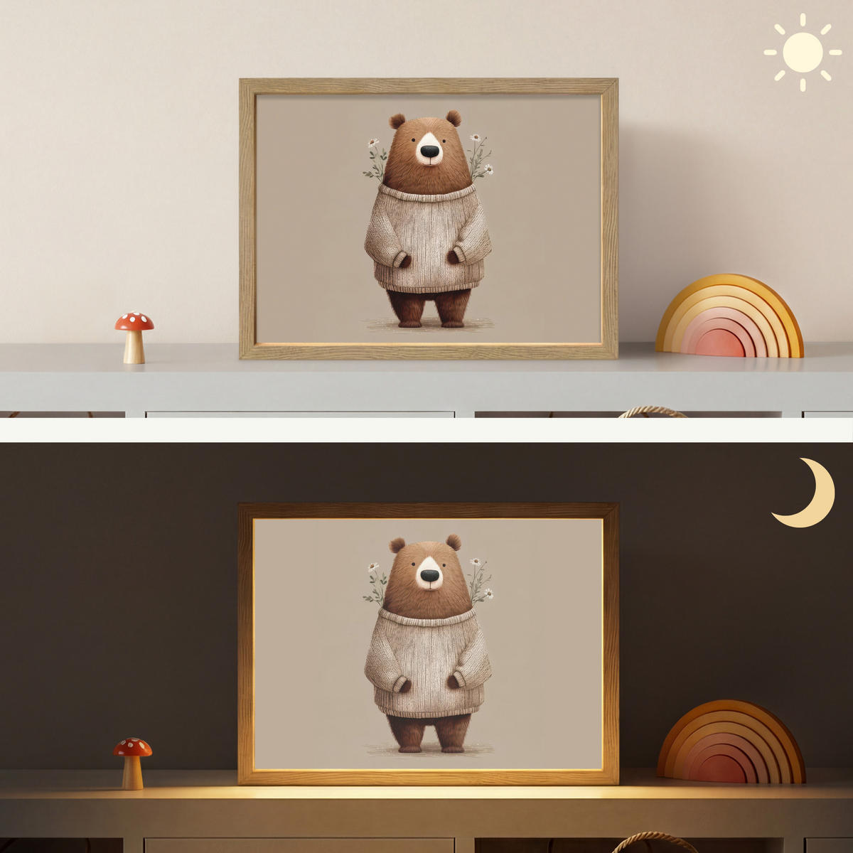 NÁSTĚNNÁ LAMPA S AKUMULÁTOREM Medvěd - Bílé květy - Cosy 40x30 cm - šedohnědá, kompozitní dřevo (40/30/8cm) - OnlyWow