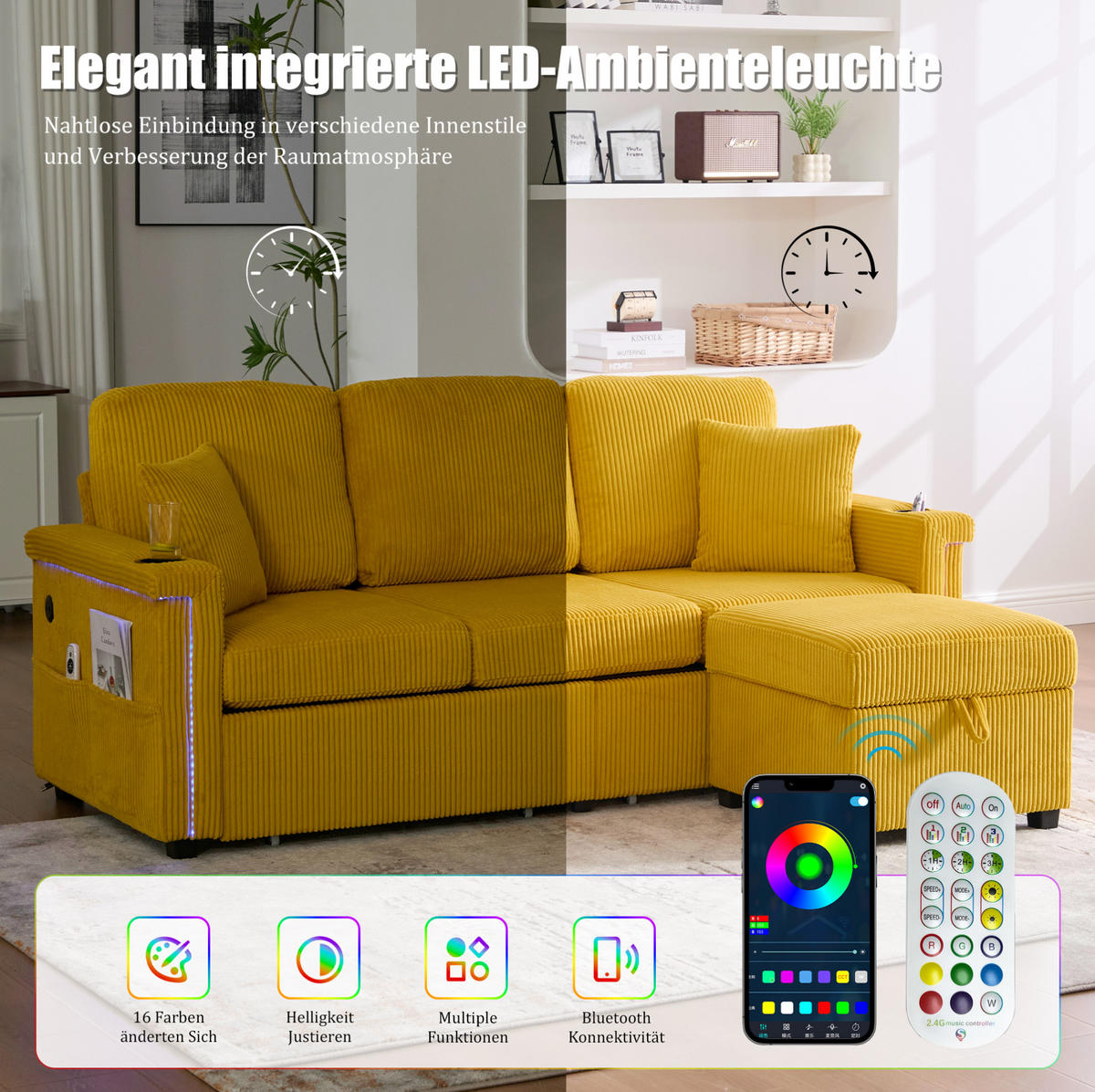 SOFA Corduroy mit LED und USB-Anschluss Stauraum-Schubladen 194/73/81 cm Gelb - Gelb, Textil (73/194cm) - Redom