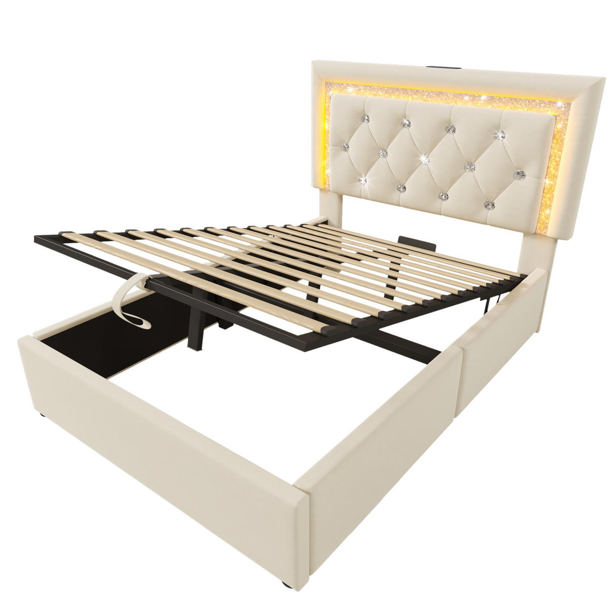 ČALÚNENÁ posteľ z velúru 90x200 cm béžová s LED osvetlením, USB a Type-C nabíjaním, úložným priestorom - béžová, textil (90/200cm) - Modfu