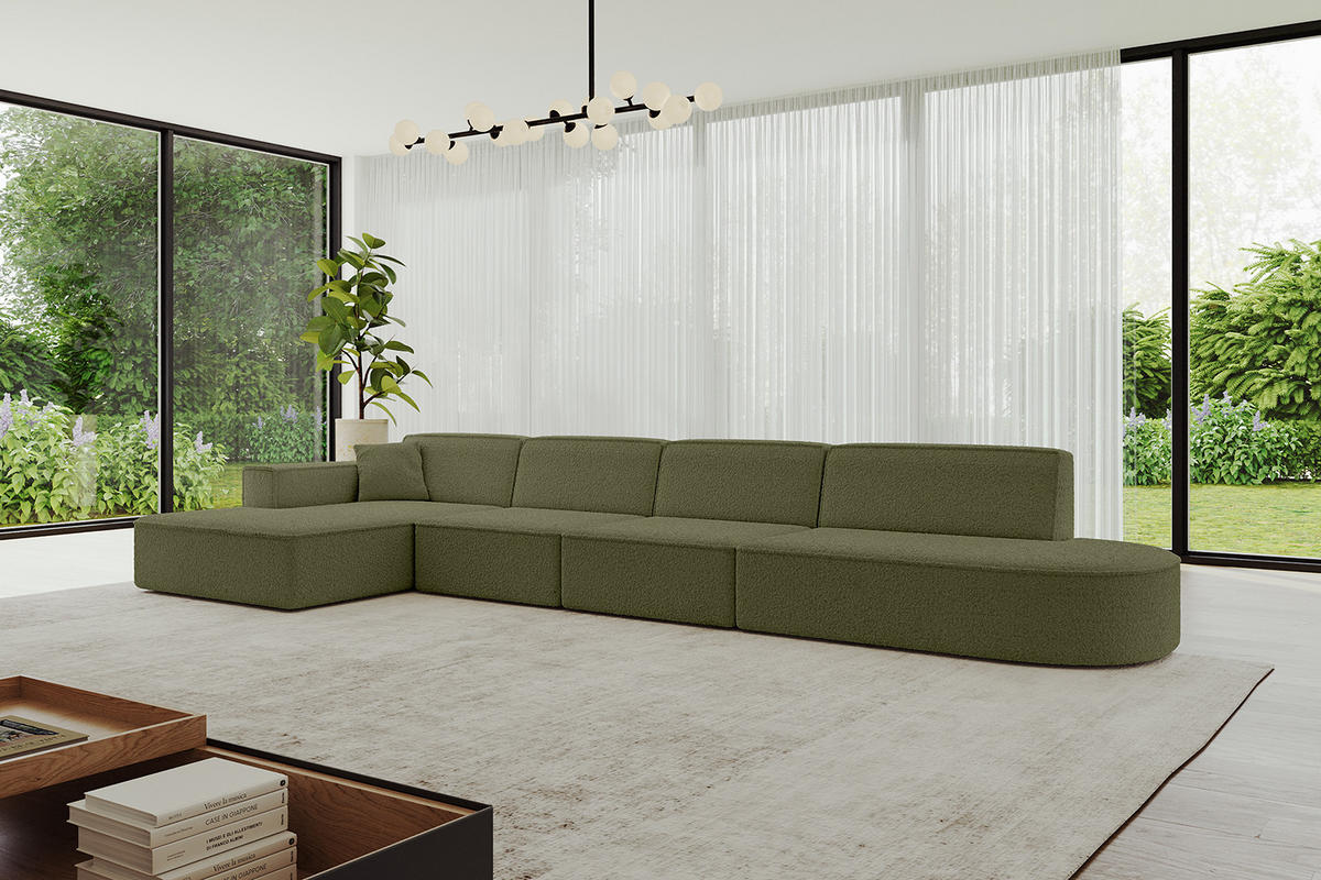 ECKSOFA Ottomane Links IREA-L3-v4 - 413x171x79 cm Grün - Platinfarben/Olivgrün, Holzwerkstoff/Textil (413/171cm) - ALTDECOR