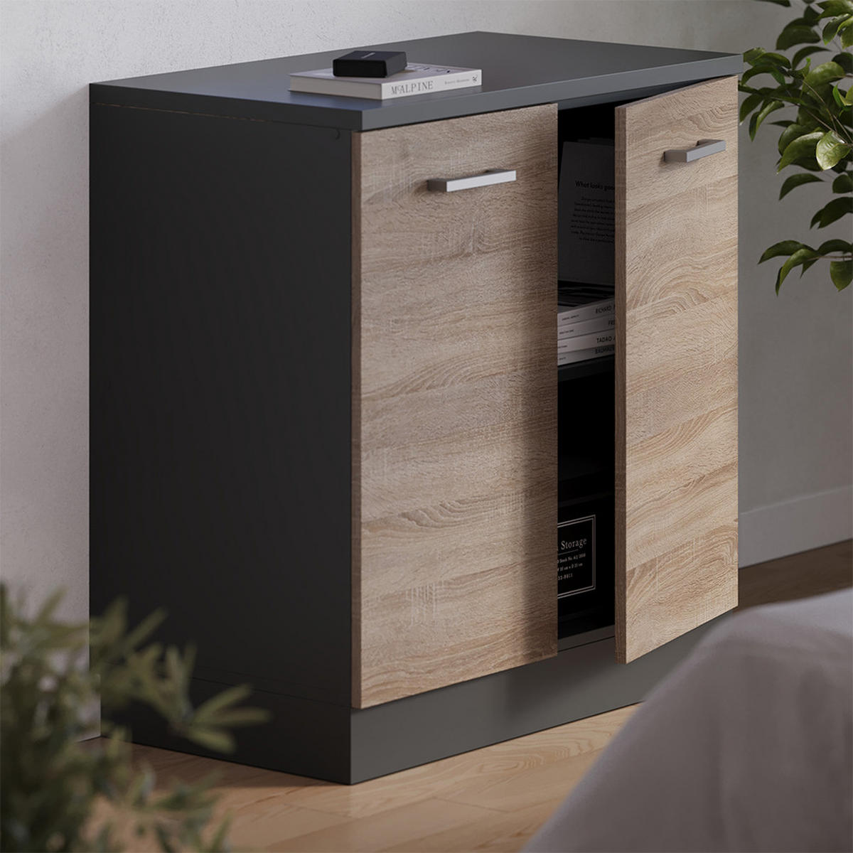 KUHINJSKA OMARA ZA POŠEVNE STREHE R-Line, Sonoma, 80 cm brez naklona z 2 vrati - hrast sonoma/antracit, leseni material (80/83.8/46cm) - Vicco