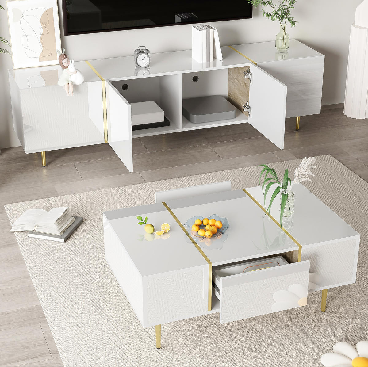 WOHNZIMMER-SET TV-Schrank und Couchtisch Hochglanz Weiß 2-tlg. - Weiß, Holzwerkstoff (60/41.5/100cm) - Beauniv
