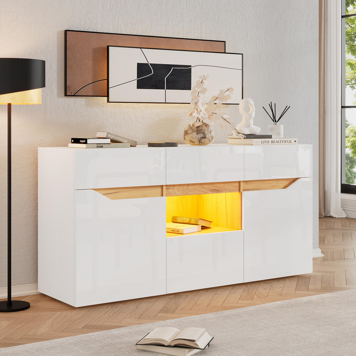 SIDEBOARD LED Weiß Holz 4 Schubladen 2 Fächer 140x40x70cm - Weiß, Holzwerkstoff (40/70/140cm) - FLIEKS