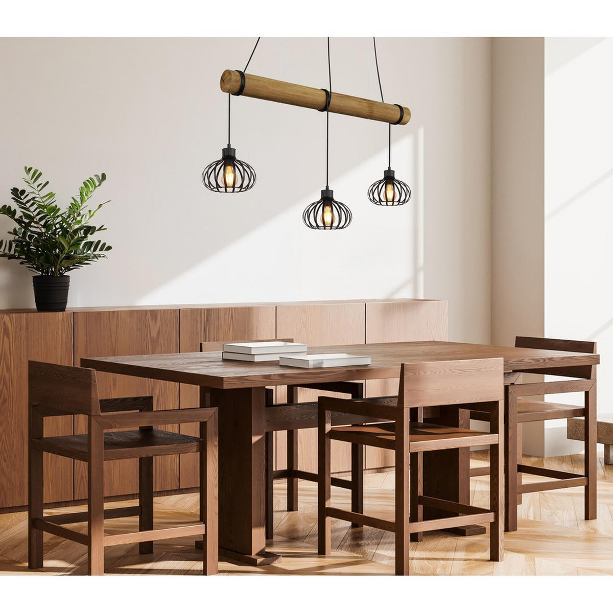 HÄNGELEUCHTE CALDWELL Schwarz, Metall, 3-flammig, E27 - Schwarz, Holz (100/20/150cm) - Globo Lighting