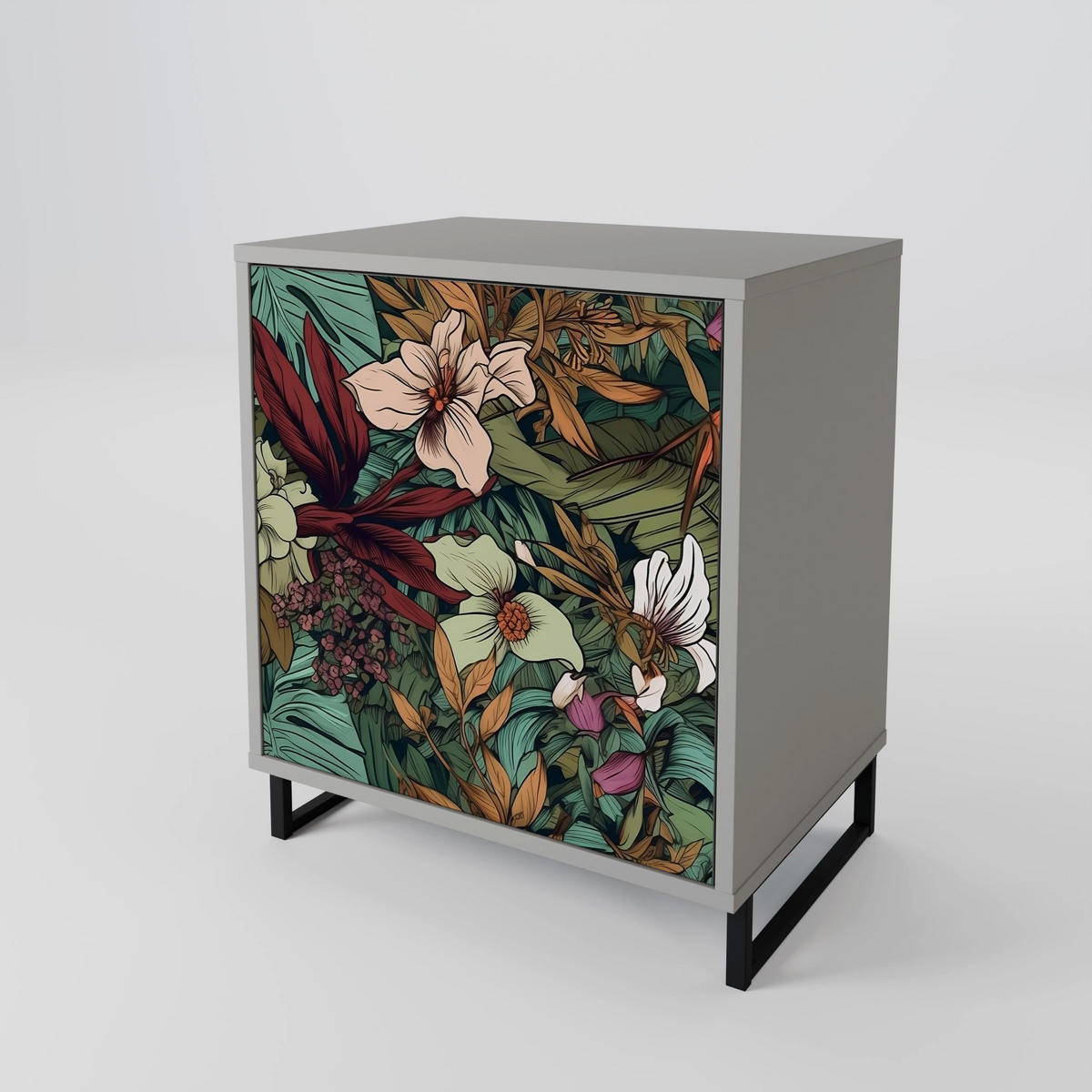SIDEBOARD BOTANICAL EMERGENCE, Grau, 57,5x42x77,5 cm, Schräge Buchenholzfüße - Buchefarben/Multicolor, Holzwerkstoff/Buchenholz (57.5/77.5/42cm) - SpaceRebels