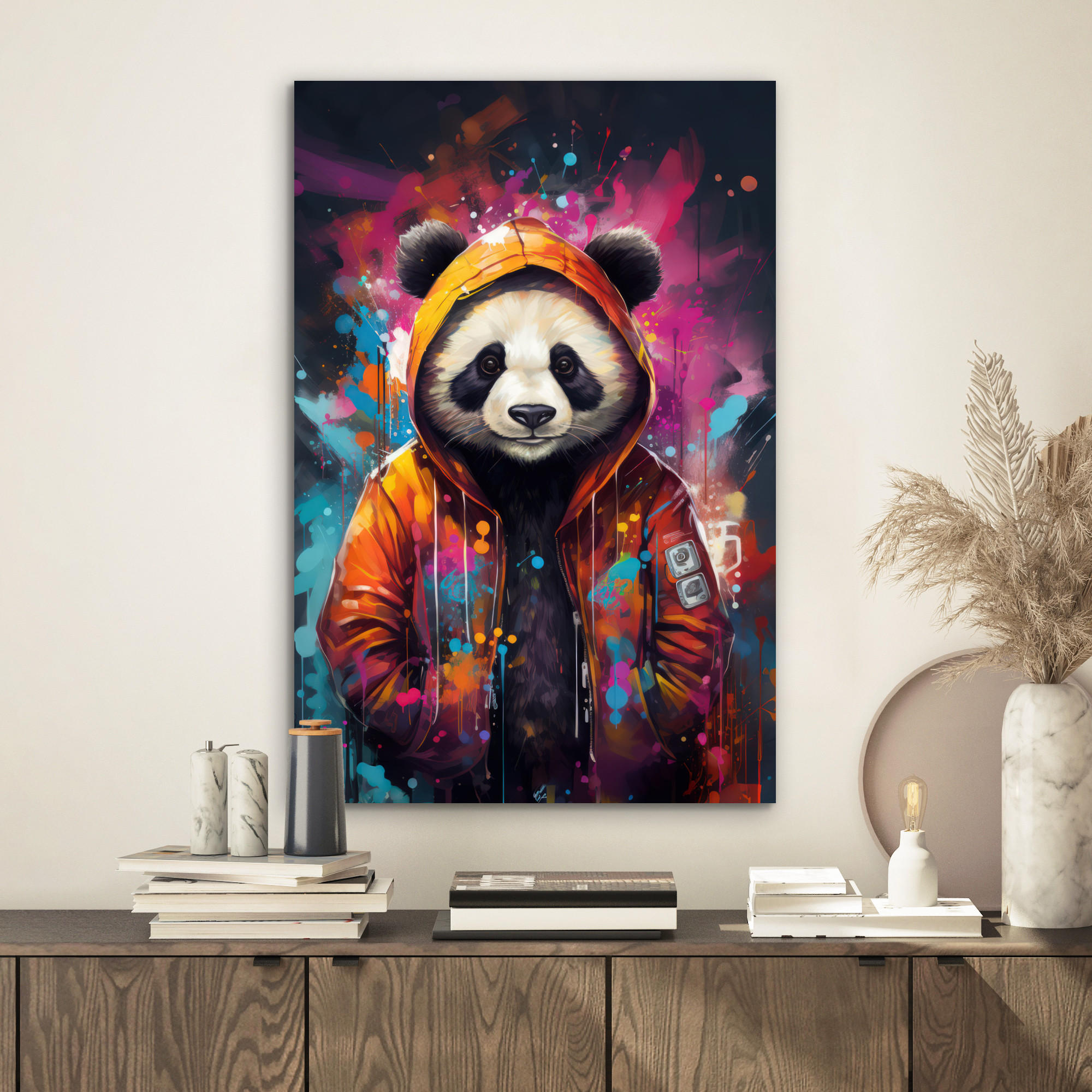 METALLBILD Panda - Jacke - Graffiti - Orange 40x60 cm - Orange, Metall (40/60cm) - MuchoWow