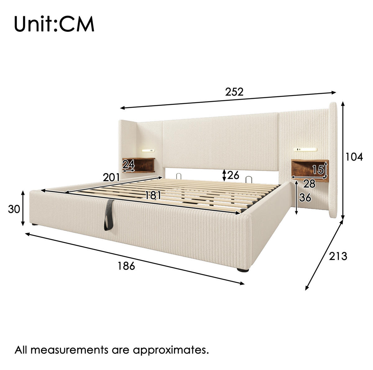 BETT mit Stauraum 180x200 cm Cord Beige mit USB und Leselampe - Beige, Metall (180/200cm) - Meubliv