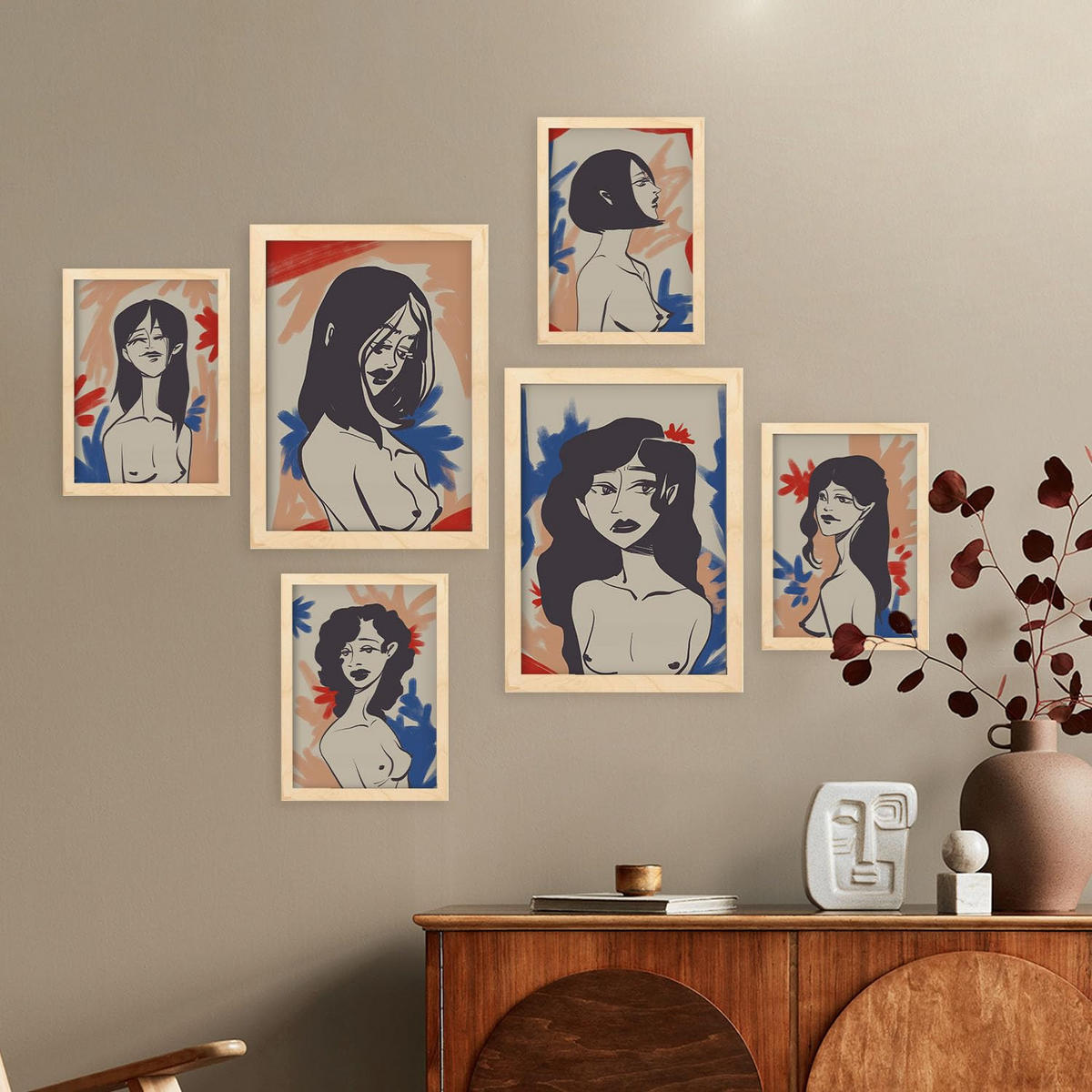 POSTER Set Mit 6 Faszinierende Schönheit In Weibliche Zusammenfassung Ästhetische Dekorative Gemälde Für Ihr Zuhause A3 & A4 Rahmen Aus Hellem Holz - Beige, Papier (29/3cm) - Nacnic