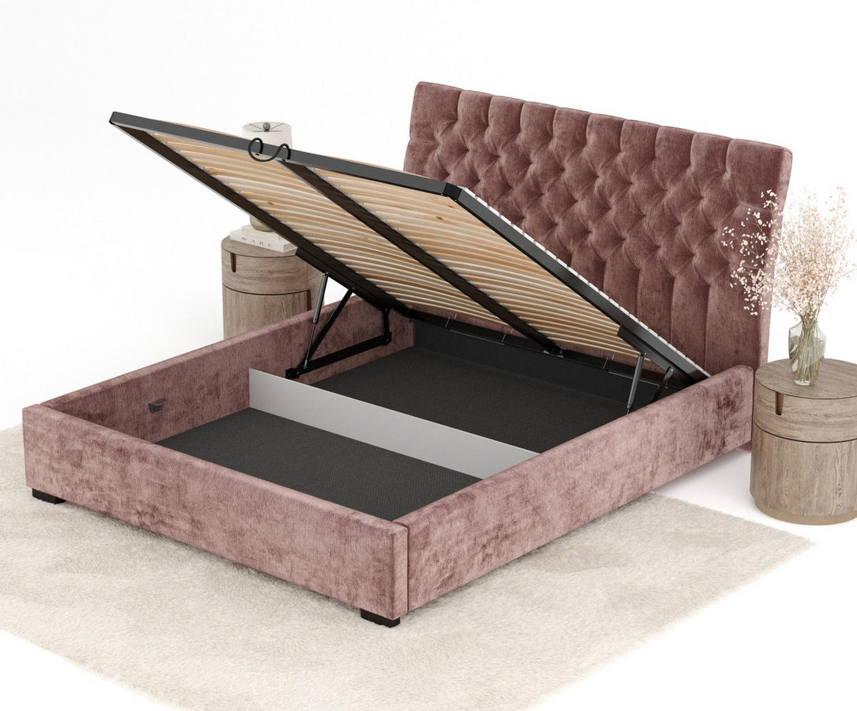 POLSTERBETT Vezzola Rosa 180/200 cm im Chenille-Stoff - Pink/Schwarz, Holz/Holzwerkstoff (180/200cm) - Maison de Reve