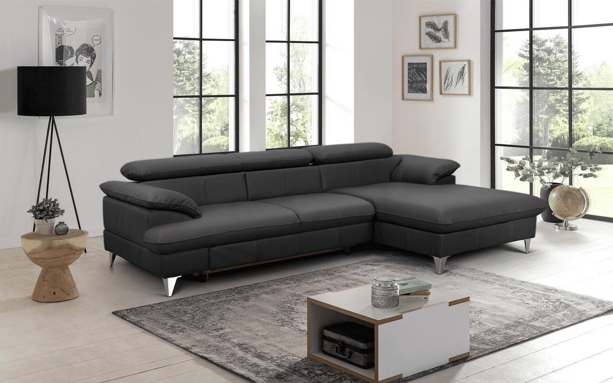 ECKSOFA mit Schlaffunktion und Bettkasten, Echtleder - Chromfarben/Schwarz, Leder/Holz (167/254cm) - Cotta