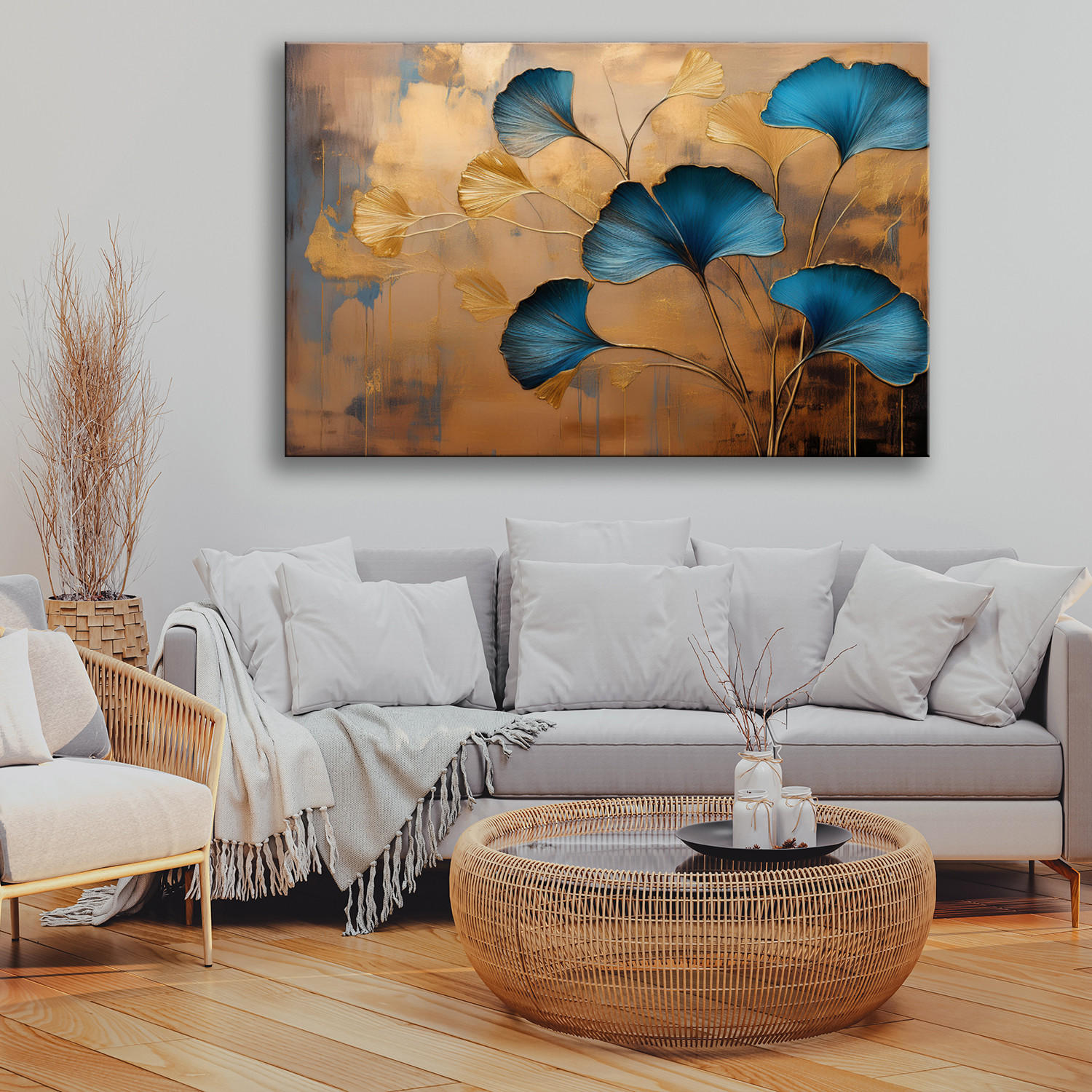 WANDBILD blumen ginko botanica art deco - Beige, Textil (60/40cm) - Feeby
