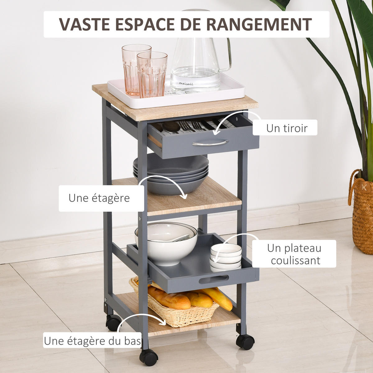 SERVIERWAGEN DE-17080 Grau & Hell-Eiche - Grau, Holzwerkstoff (37/76/37cm) - ComfortXL