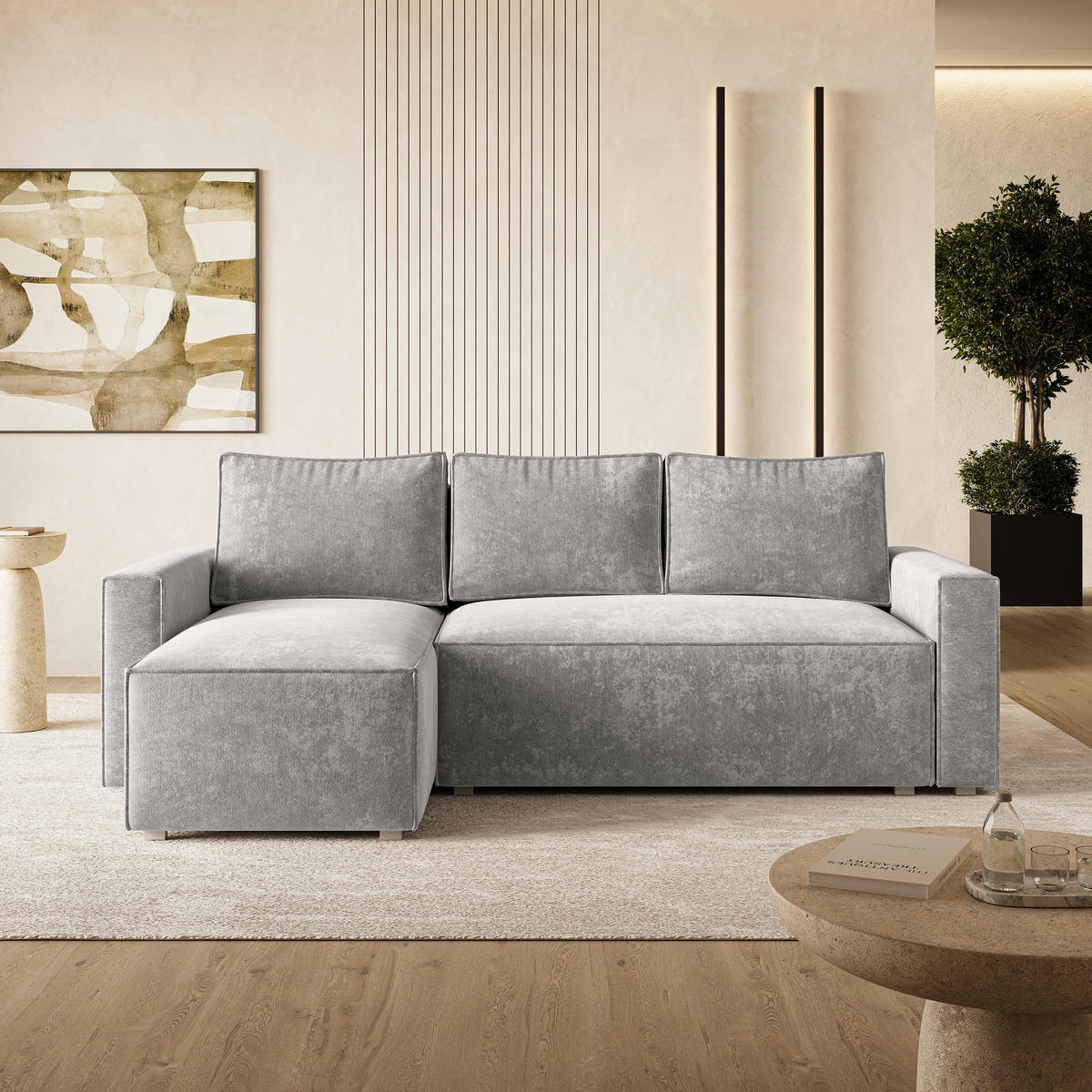 ROHOVÁ Sedačka POTARO LUMO 65, Světle šedá - šedá/světle šedá, dřevo/textil (232/140cm) - MASSENO