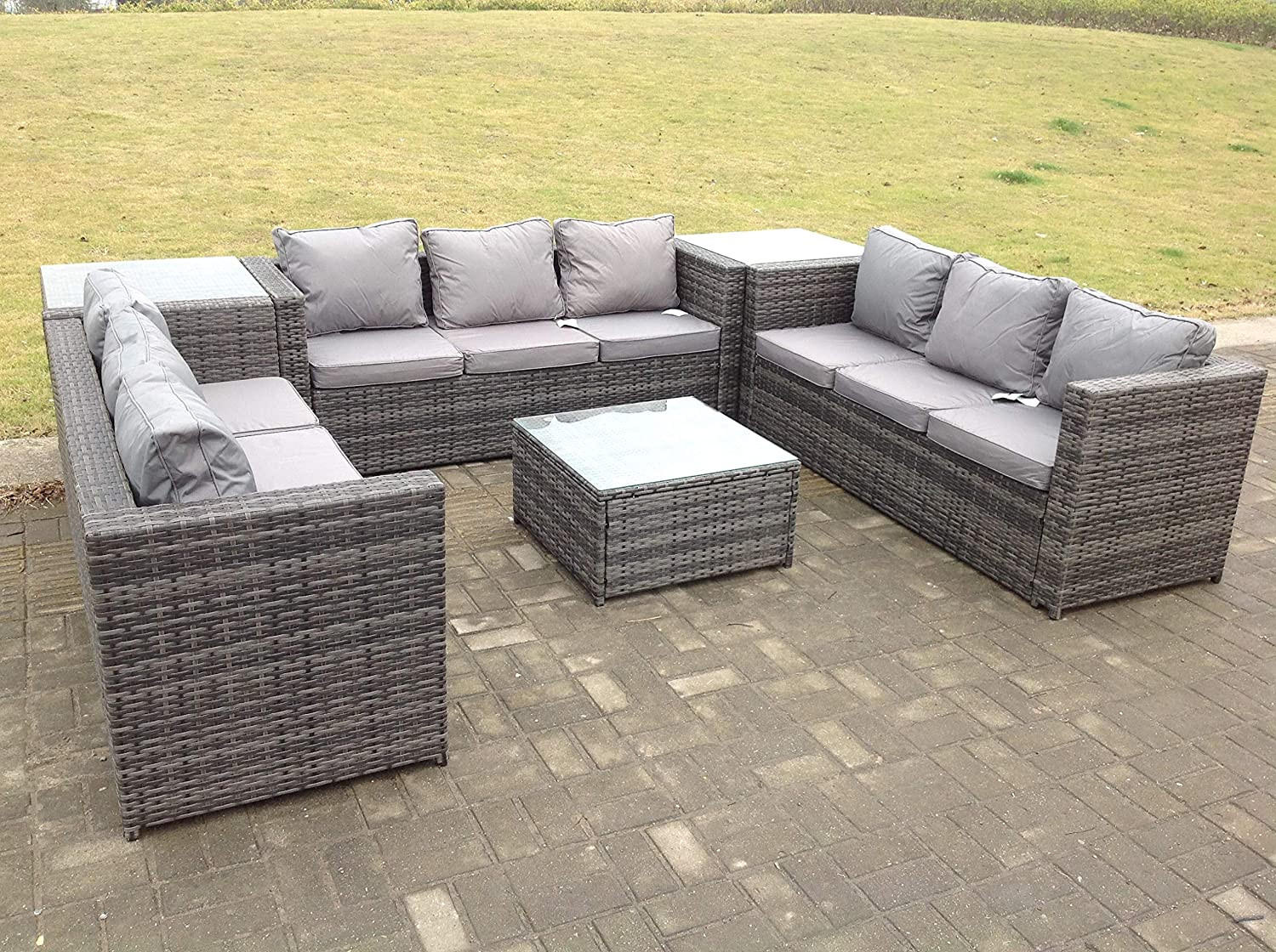 GARTENMÖBELSET mit Couchtisch Polyrattan 9-Sitzer - Dunkelgrau/Grau, Glas/Kunststoff - Fimous