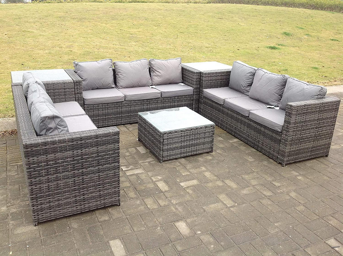 GARTENMÖBELSET mit Couchtisch Polyrattan 9-Sitzer - Dunkelgrau/Grau, Glas/Kunststoff - Fimous