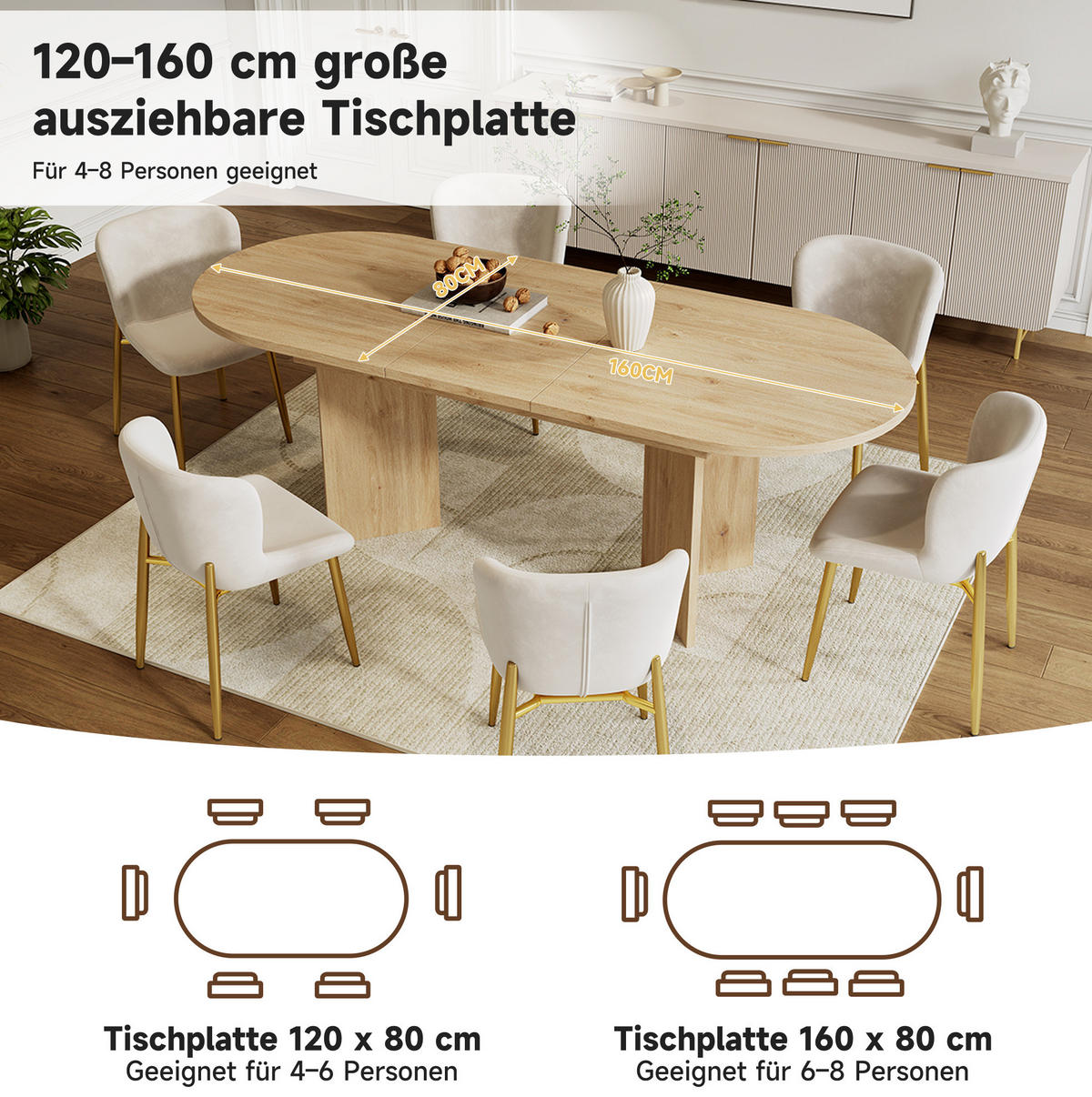 ESSTISCH 120/160/80 cm in Eichefarben ausziehbar mit abgerundeten Ecken - Eichefarben, Holzwerkstoff (160/80/75cm) - Flora Grace