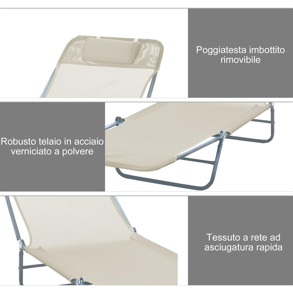 SONNENLIEGE Klappbare mit verstellbarer Rückenlehne und Kissen 182 x 56 x 24,5 cm - Beige, Metall (56/24.5/182cm) - Vallsero