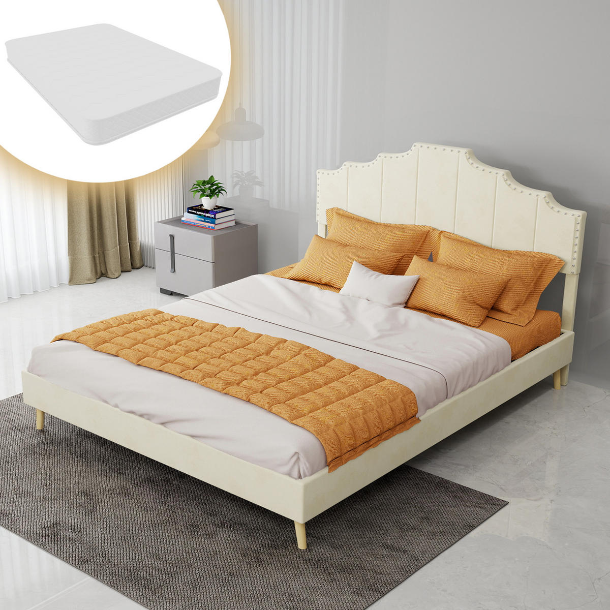 POLSTERBETT 140/200 cm DE-32982 mit geometrischem Kopfteil Beige - Beige, Metall (140/200cm) - ComfortXL