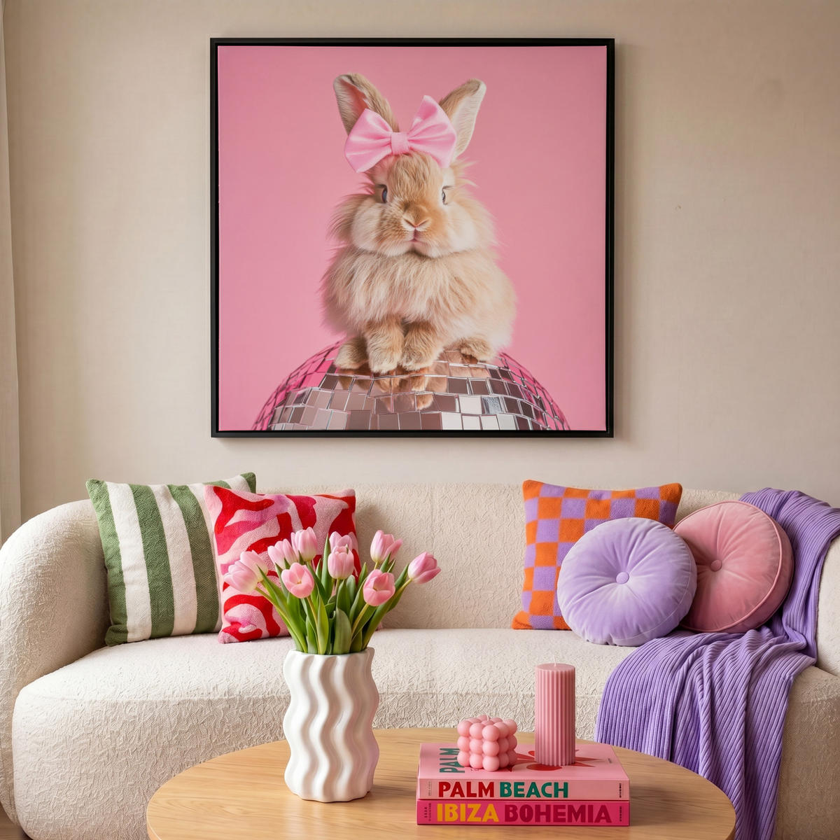 LEINWAND Bilder mit Rahmen - Schleife - Discoball - Kaninchen - 90x90 - Pink, Textil (90/90cm) - MuchoWow