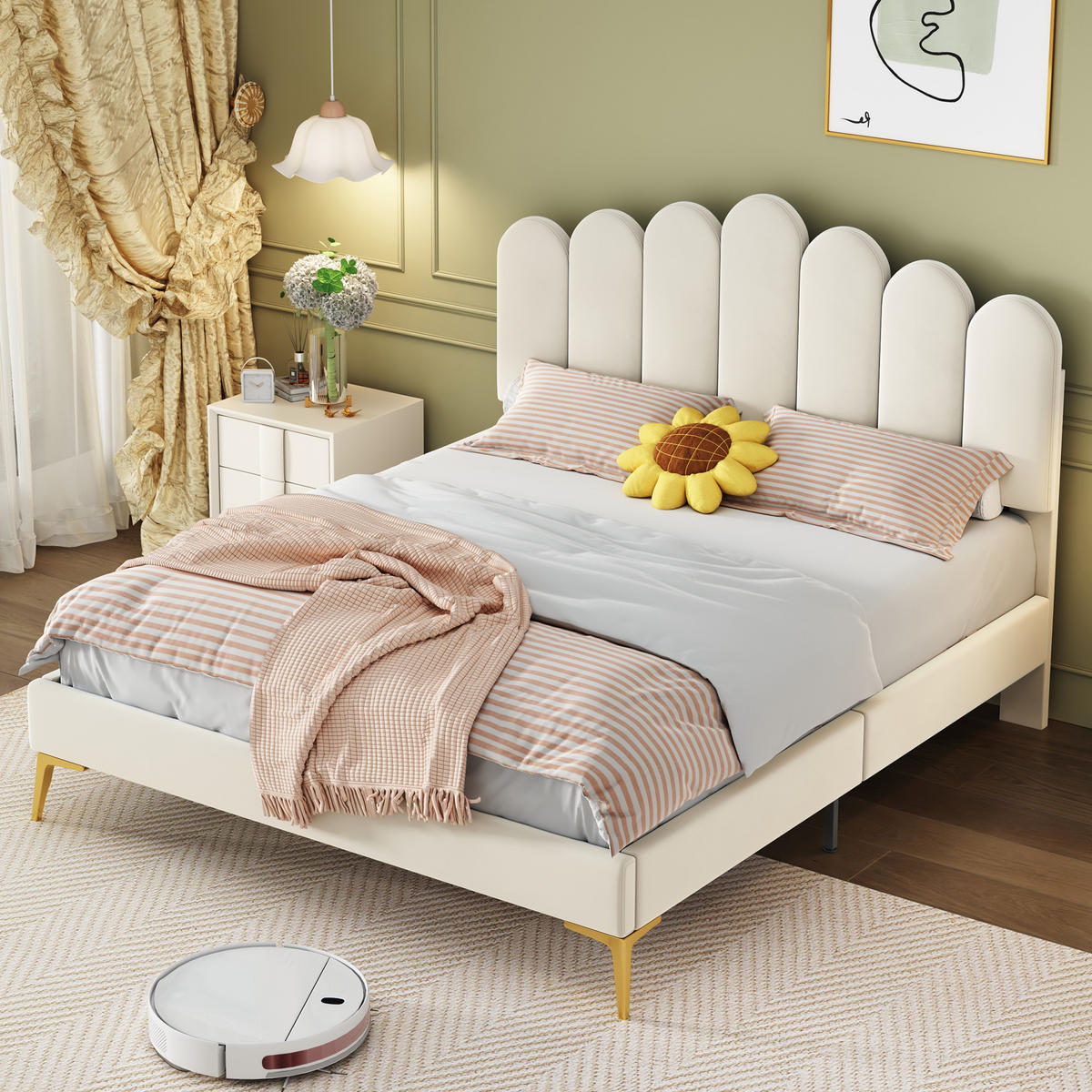 POLSTERBETT 140/200 cm beige aus MDF mit höhenverstellbarem Kopfteil - Beige, Holzwerkstoff (140/200cm) - OKWISH
