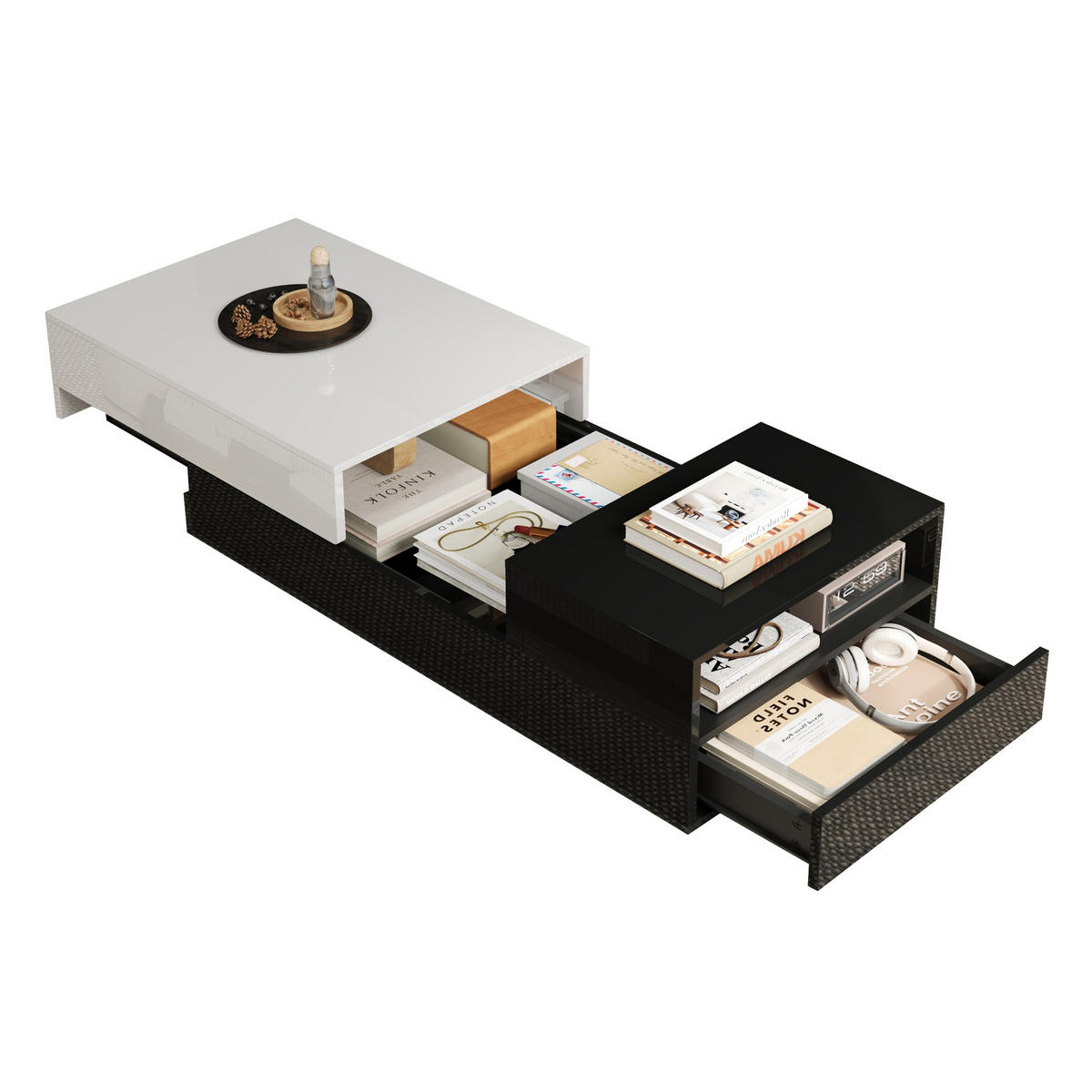 COUCHTISCH 100/50/38 cm schwarz-weiß mit 2 Schubladen und halboffenen Fächern - Weiß, Holzwerkstoff (100/50/38cm) - OKWISH