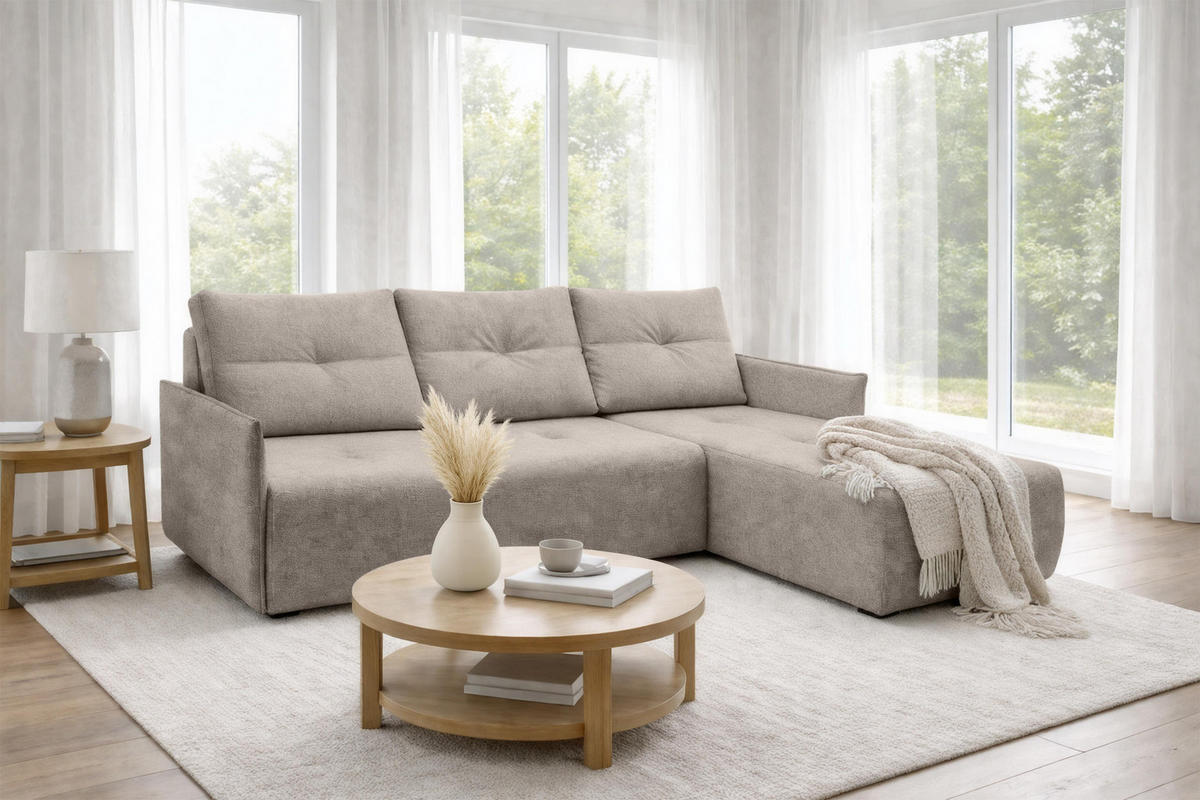 ECKSOFA L Form Damascus Hellbraun 212/143/88 cm Rechts mit Schlaffunktion - Hellbraun/Schwarz, Kunststoff/Textil (212/143cm) - AX Living