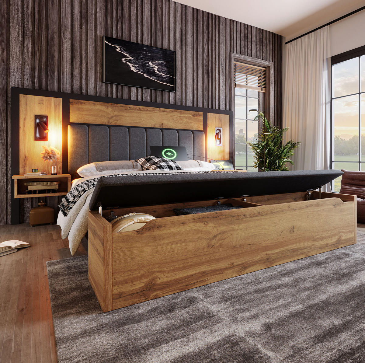 Meubliv BETT mit Nachttischen, Sitzbank und Leselicht 160x200 cm Metall/Holz Eiche jetzt nur online ➤