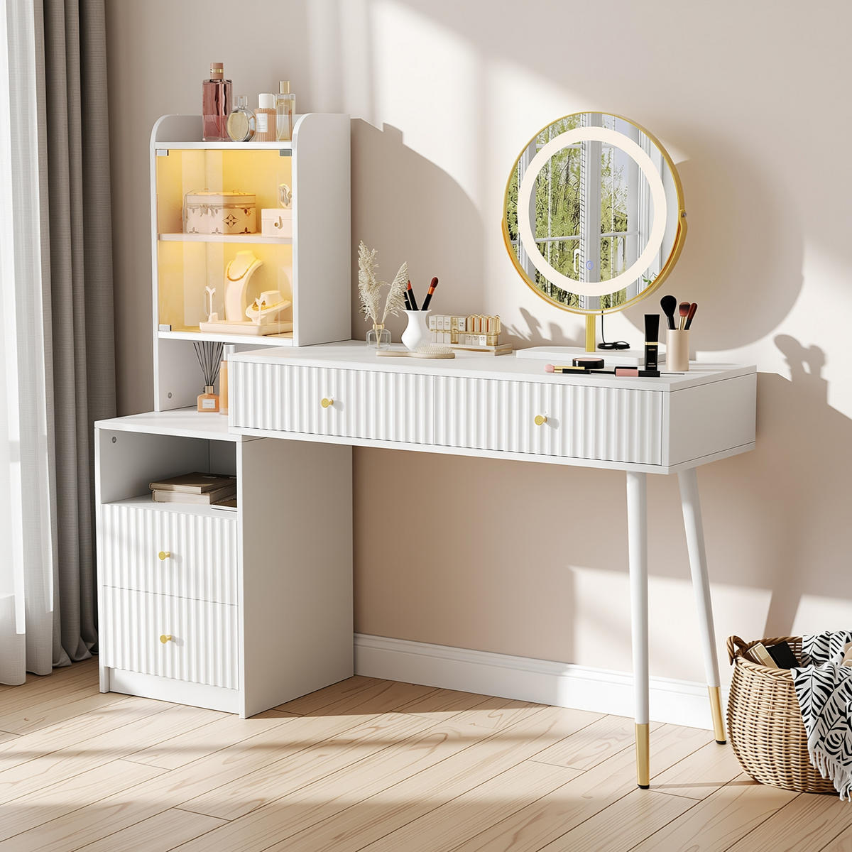 SCHMINKTISCH in Weiß mit 3-Farben LED-Spiegel - Weiß, Holzwerkstoff (135/125/40cm) - Urban Meuble