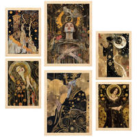 POSTER Set Mit 6 Tarotkarten Arcana Schwarz & Goldfarben A3 & A4 Rahmen Aus Hellem Holz - Beige, Papier (29/3cm) - Nacnic