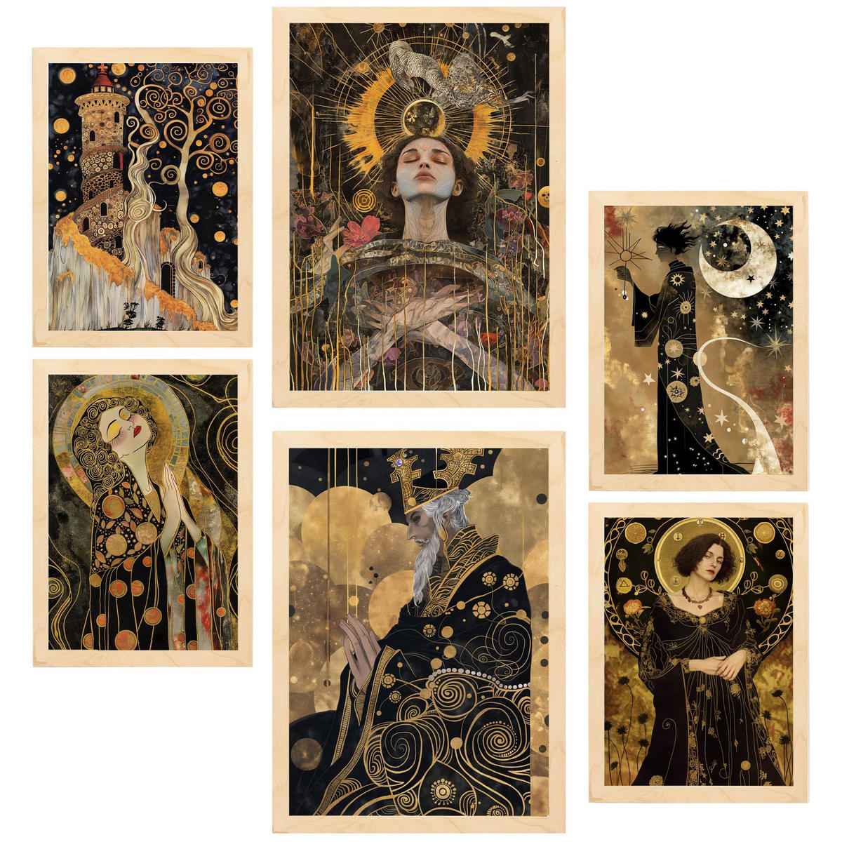 POSTER Set Mit 6 Tarotkarten Arcana Schwarz & Goldfarben A3 & A4 Rahmen Aus Hellem Holz - Beige, Papier (29/3cm) - Nacnic