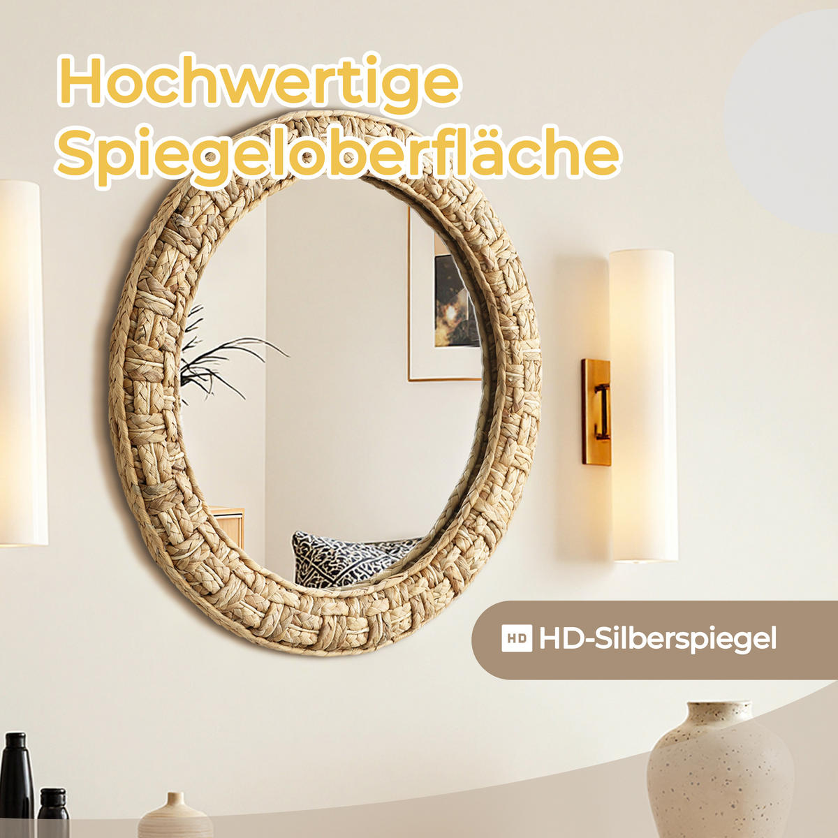 52CM H Runder Wandspiegel mit Rahmen aus geflochtener Wasserhyazinthe Geeignet für Badezimmer, Wohnzimmer und Schlafzimmer - Hellbraun/Beige, Glas/Holz (52/3.5/52cm) - Hometopia