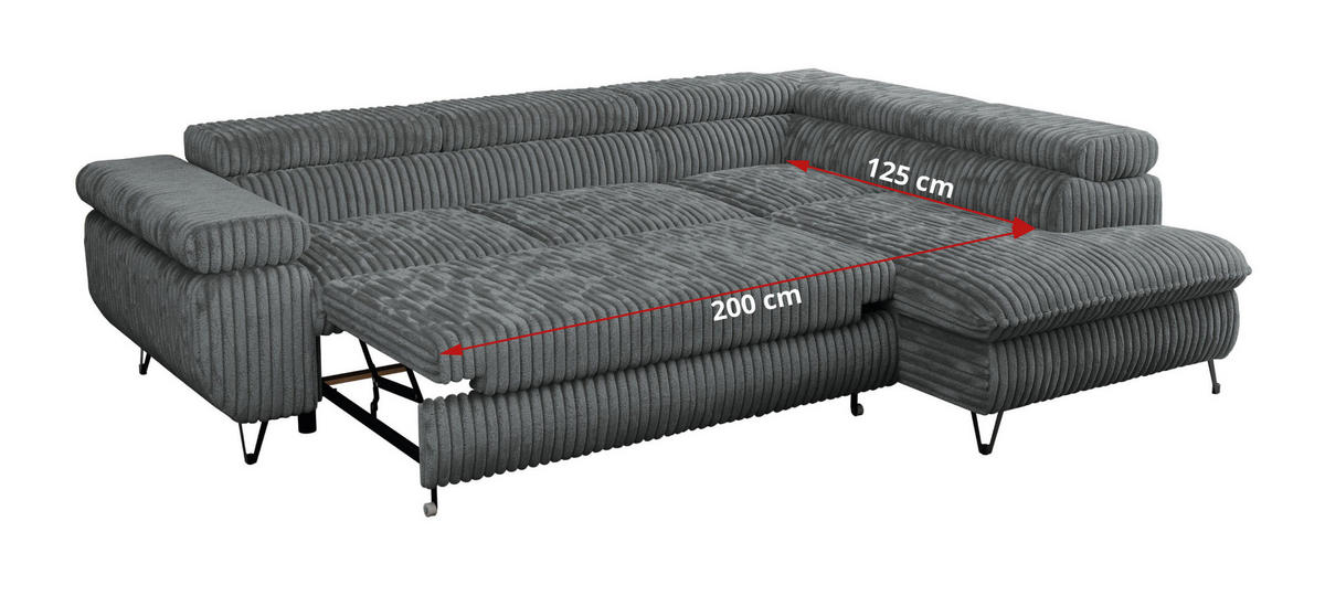 ECKSOFA PETER L Dunkelgrau Cord - Links Seite - Dunkelgrau/Schwarz, Textil/Metall (208/273cm) - MKS