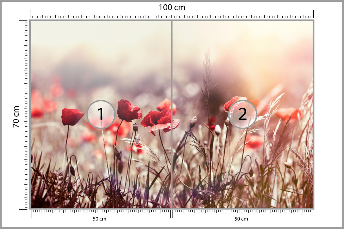 FOTOTAPETE für Esszimmer Feldblumen Rote Mohnwiese Sonne 100x70 - Rot/Orange, Papier (100/70cm) - Muralo