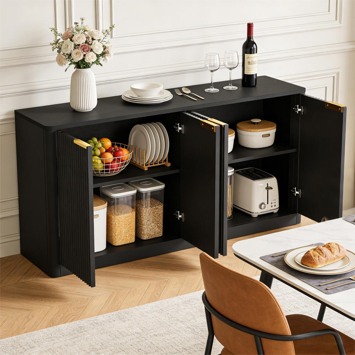 SIDEBOARD 150x40x70,5 cm mit Wellenform und 4 Türen, Schwarz - Schwarz, Holzwerkstoff (150/70.5/40cm)