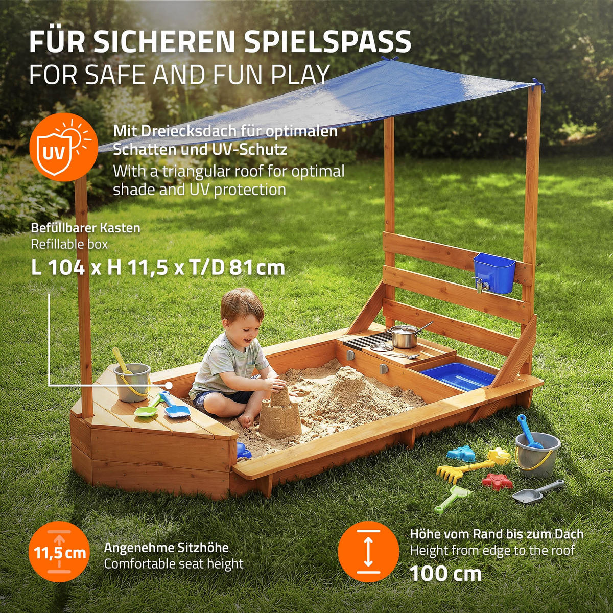 SANDKASTEN mit Dach und Matschküche aus Massivholz 101x163 cm - Braun, Holz (101/163/120.5cm) - ML-DESIGN