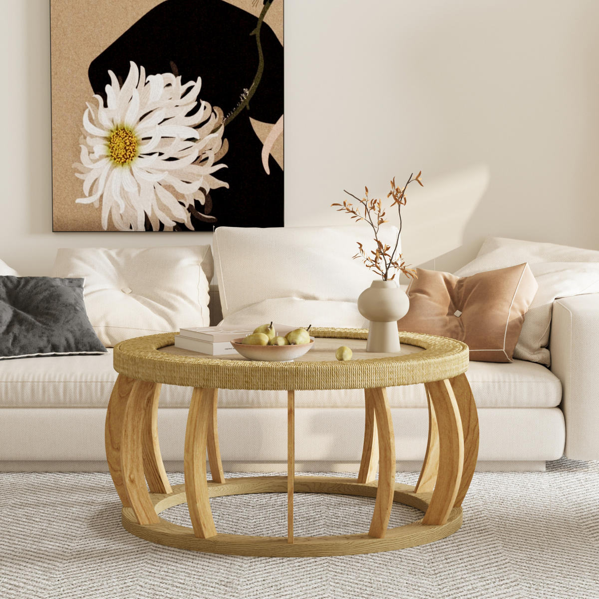 COUCHTISCH 90/90/43 cm mit runder Tischplatte und geschwungenen Beinen, Natur - Naturfarben, Holzwerkstoff (90/90/43cm) - Modfu