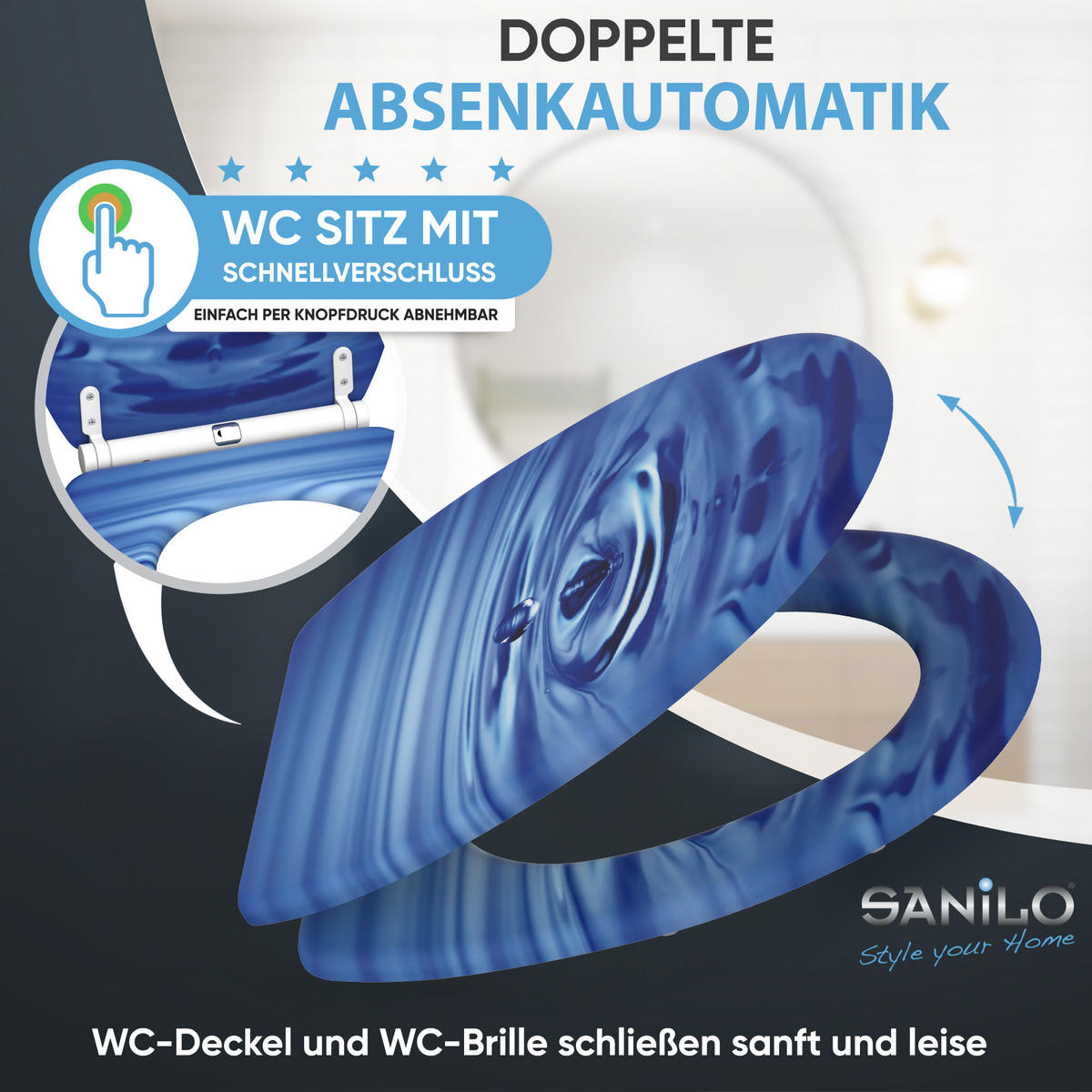 WC-SITZ mit Absenkautomatik & Top Fix Tropfen - Blau, Holzwerkstoff (37.7/5.5/48cm) - Sanilo