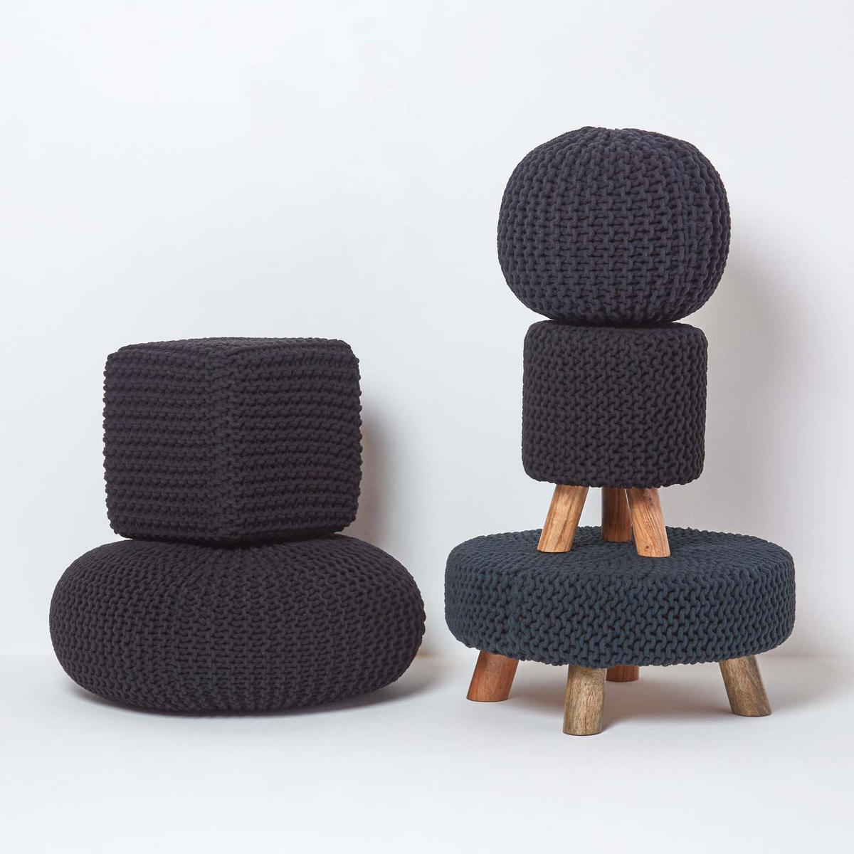 STRICK-POUF schwarz, Bodenkissen rund 70/70/23 cm - Schwarz, Textil (70/23/70cm) - Homescapes