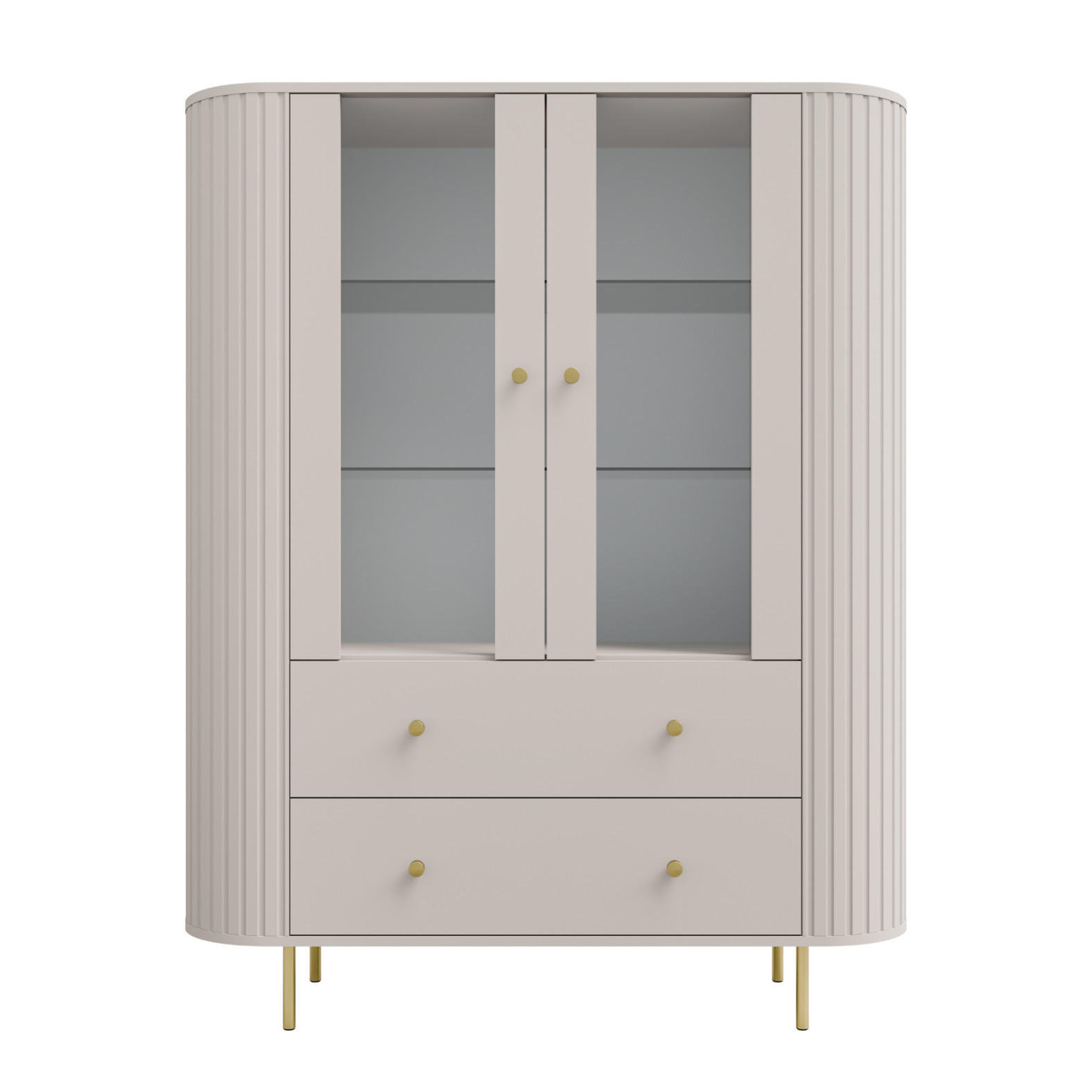 VITRINE Olivia 123 cm, mit Glastüren, 2 Schubladen und geriffeltem Design, kaschmir und goldfarbenen Metallfüßen - Kaschmir, Metall (123/155/43cm) - Margaret Hadas24