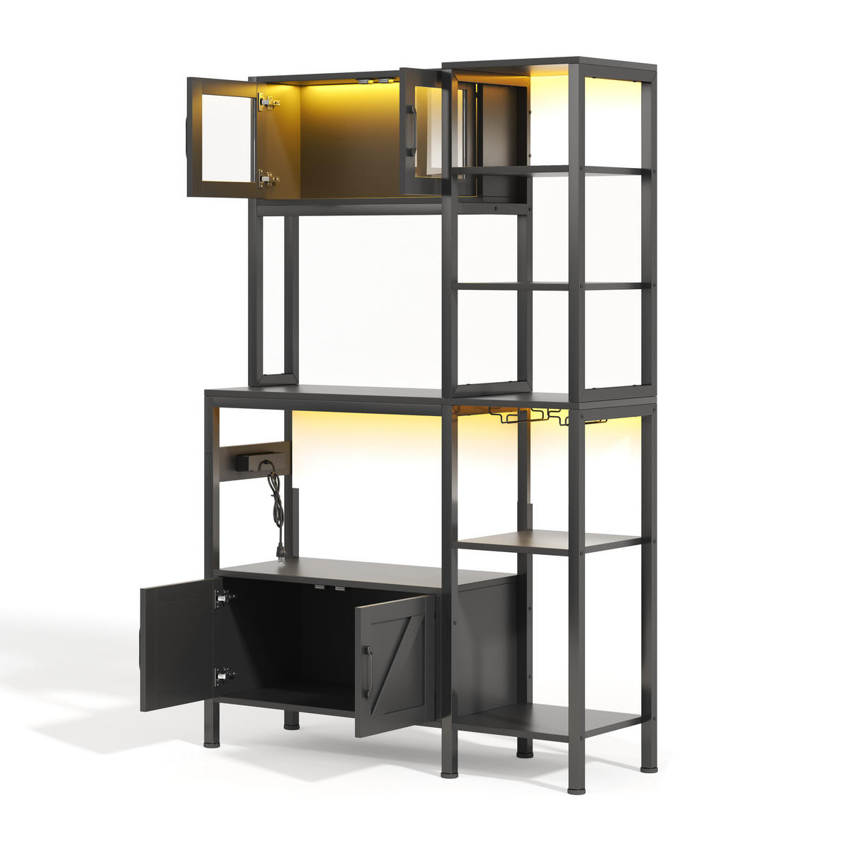 BUFFET aus MDF und Stahl 40x115x180 cm Schwarz mit LED-Leiste, Steckdosenmodul und viel Stauraum - Schwarz, Holzwerkstoff (115/180/40cm) - Modfu