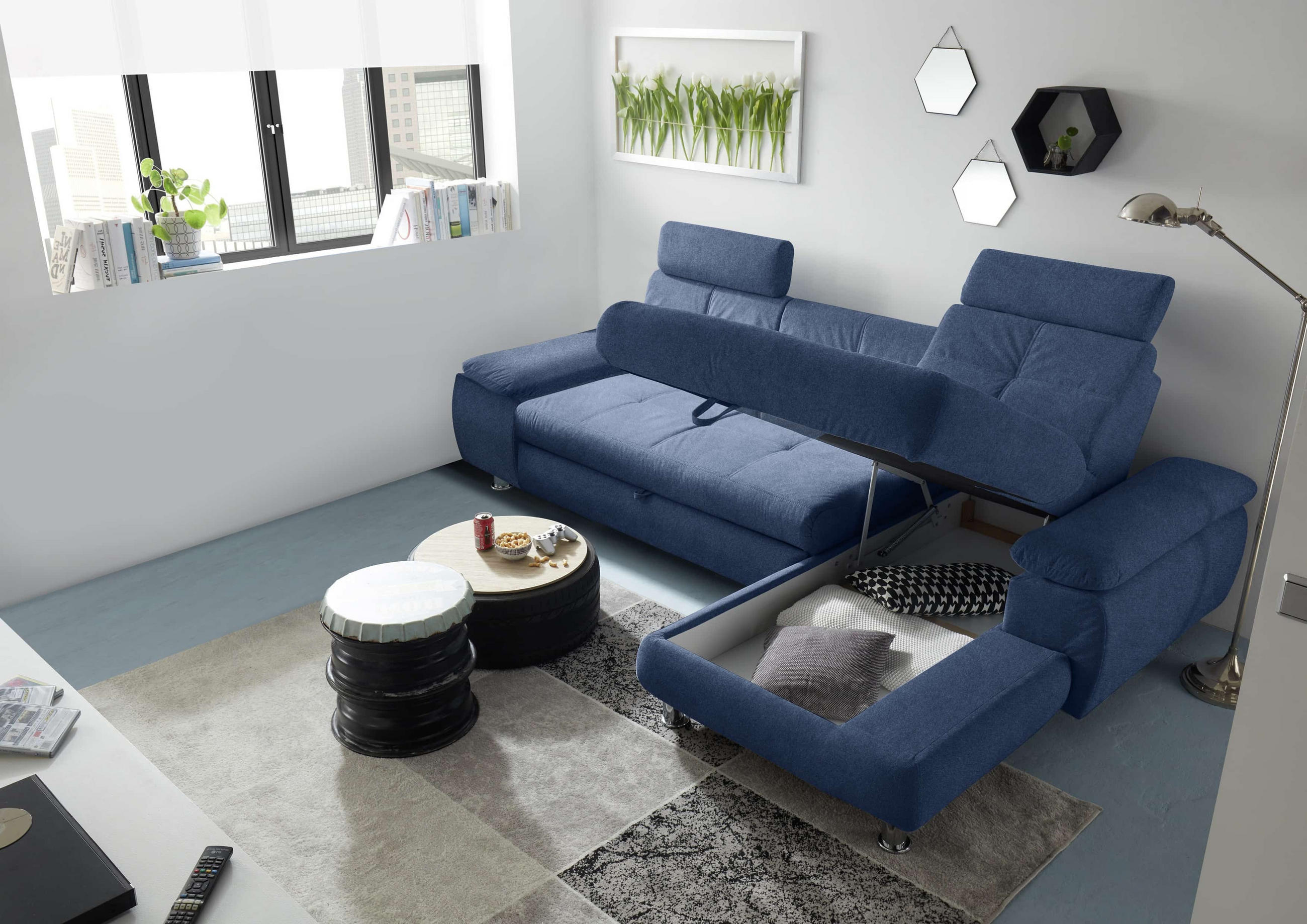 ECKSOFA mit Schlaffunktion und Bettkasten, Brego-Stoff - Chromfarben/Blau, Textil/Metall (177/274cm) - ed exciting design