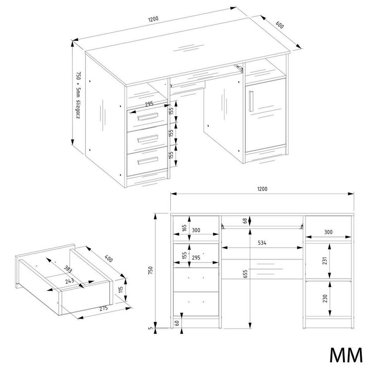 SCHREIBTISCH Anthrazit , Weiß 120/75/60 - Anthrazit/Weiß, Holzwerkstoff (60/120/75cm) - RAUMHIRSCH FURNITURE