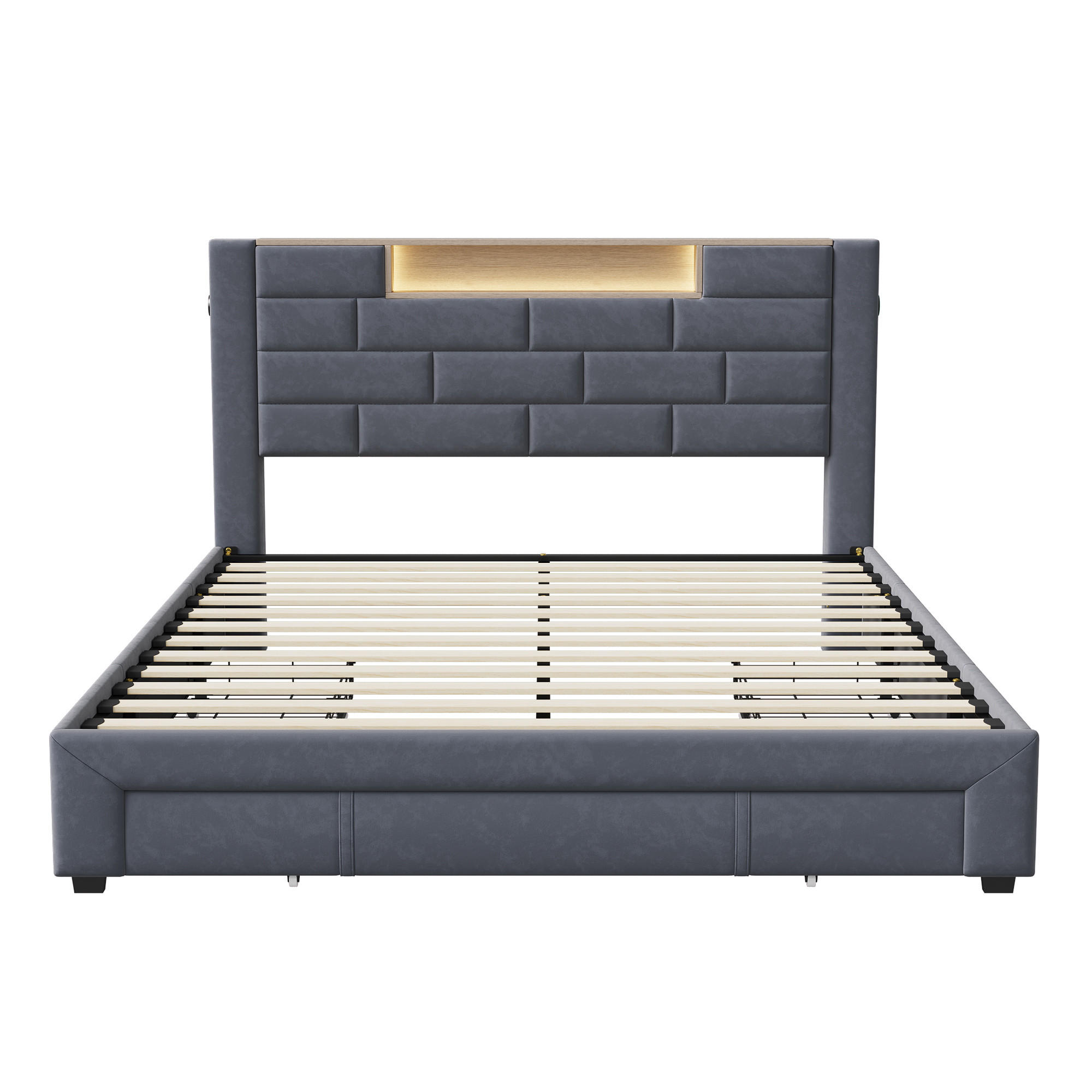 POLSTERBETT 140x200 cm mit Stauraum, USB, LED, Samt, Grau - Grau, Holz (140/200cm)